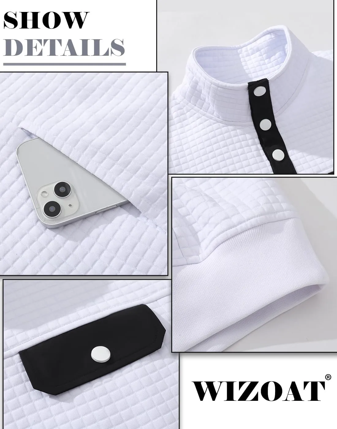 Men's Quilted Sweatshirt Casual Waffle Stand Collar Button Pullover Sweatshirts