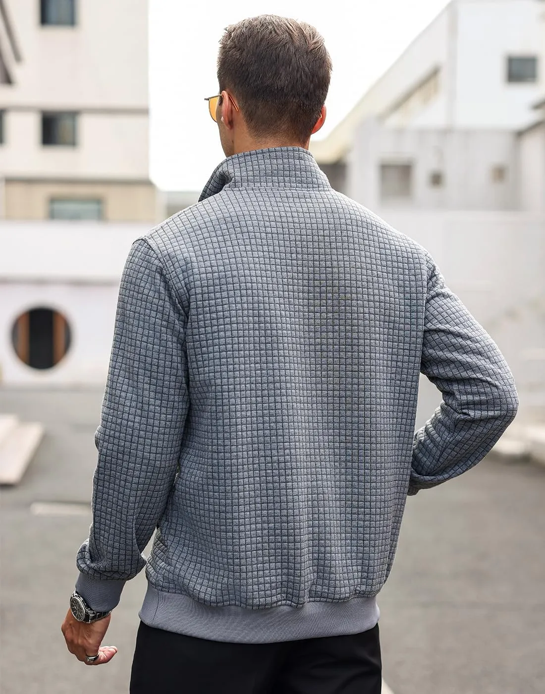Men's Quilted Sweatshirt Casual Waffle Stand Collar Button Pullover Sweatshirts
