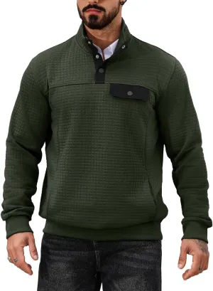 Men's Quilted Sweatshirt Casual Waffle Stand Collar Button Pullover Sweatshirts