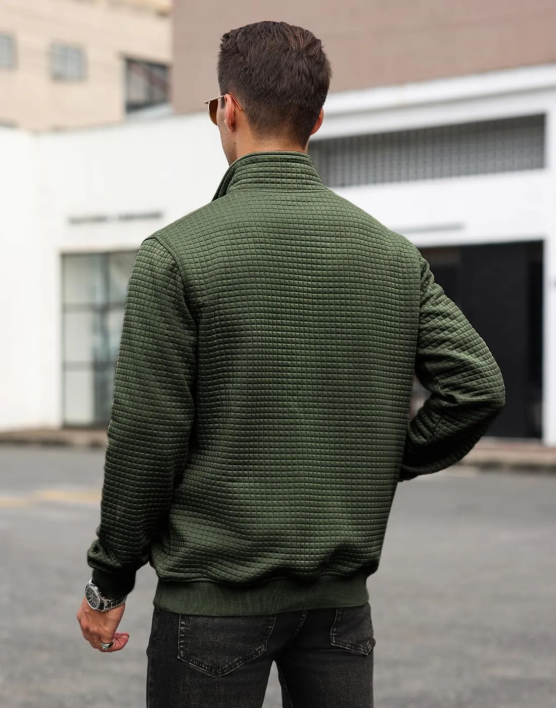 Men's Quilted Sweatshirt Casual Waffle Stand Collar Button Pullover Sweatshirts