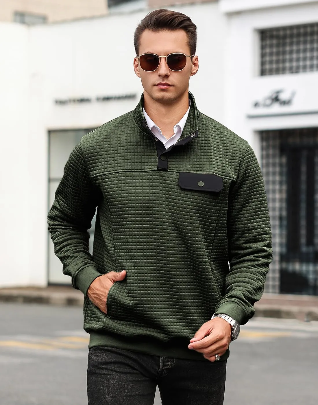 Men's Quilted Sweatshirt Casual Waffle Stand Collar Button Pullover Sweatshirts