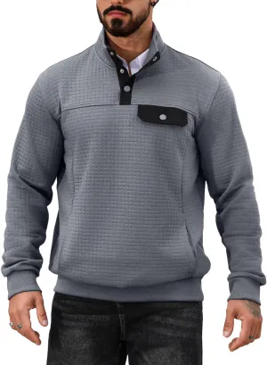 Men's Quilted Sweatshirt Casual Waffle Stand Collar Button Pullover Sweatshirts