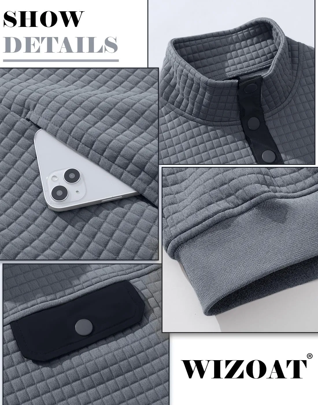Men's Quilted Sweatshirt Casual Waffle Stand Collar Button Pullover Sweatshirts