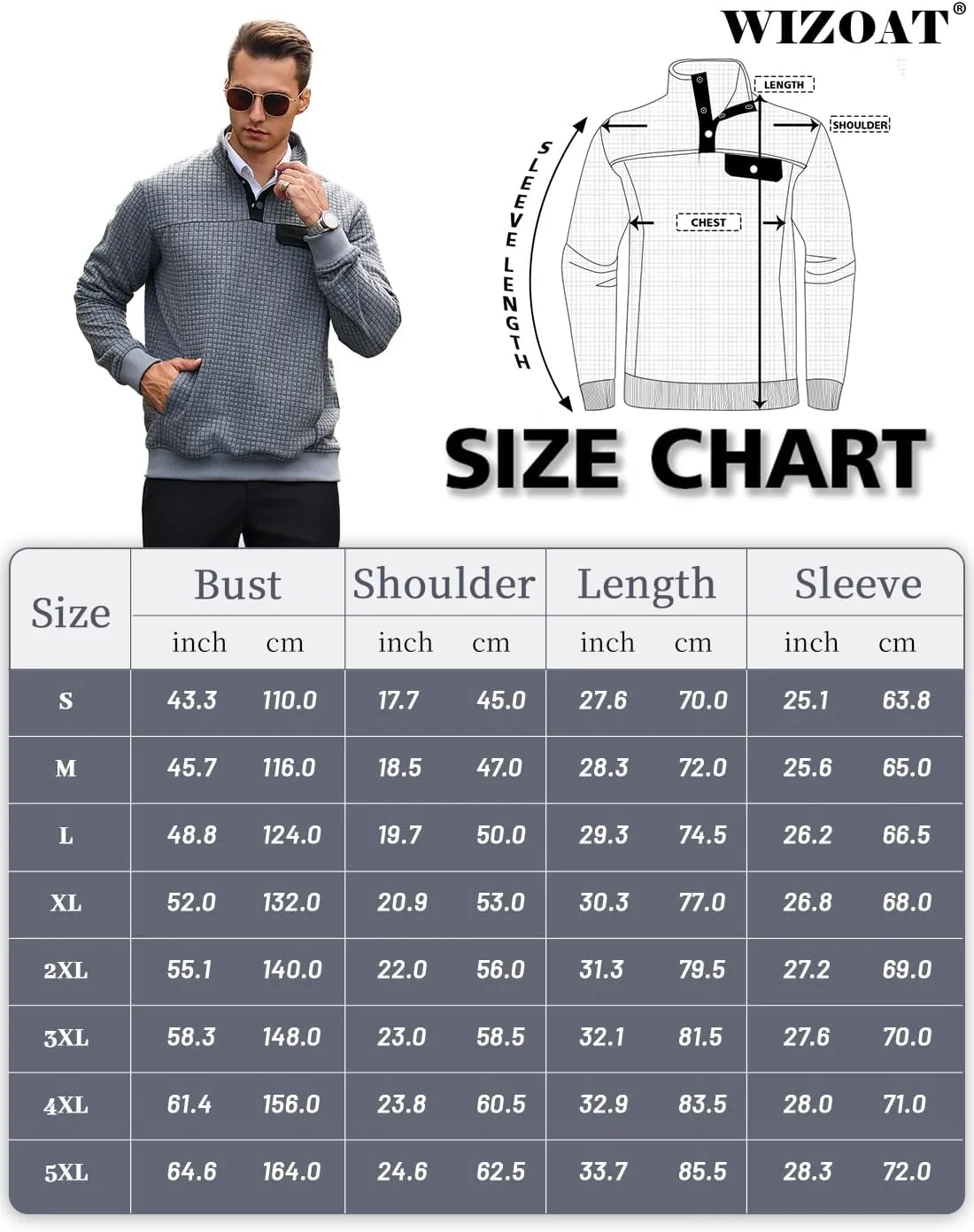 Men's Quilted Sweatshirt Casual Waffle Stand Collar Button Pullover Sweatshirts