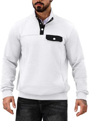 Men's Quilted Sweatshirt Casual Waffle Stand Collar Button Pullover Sweatshirts