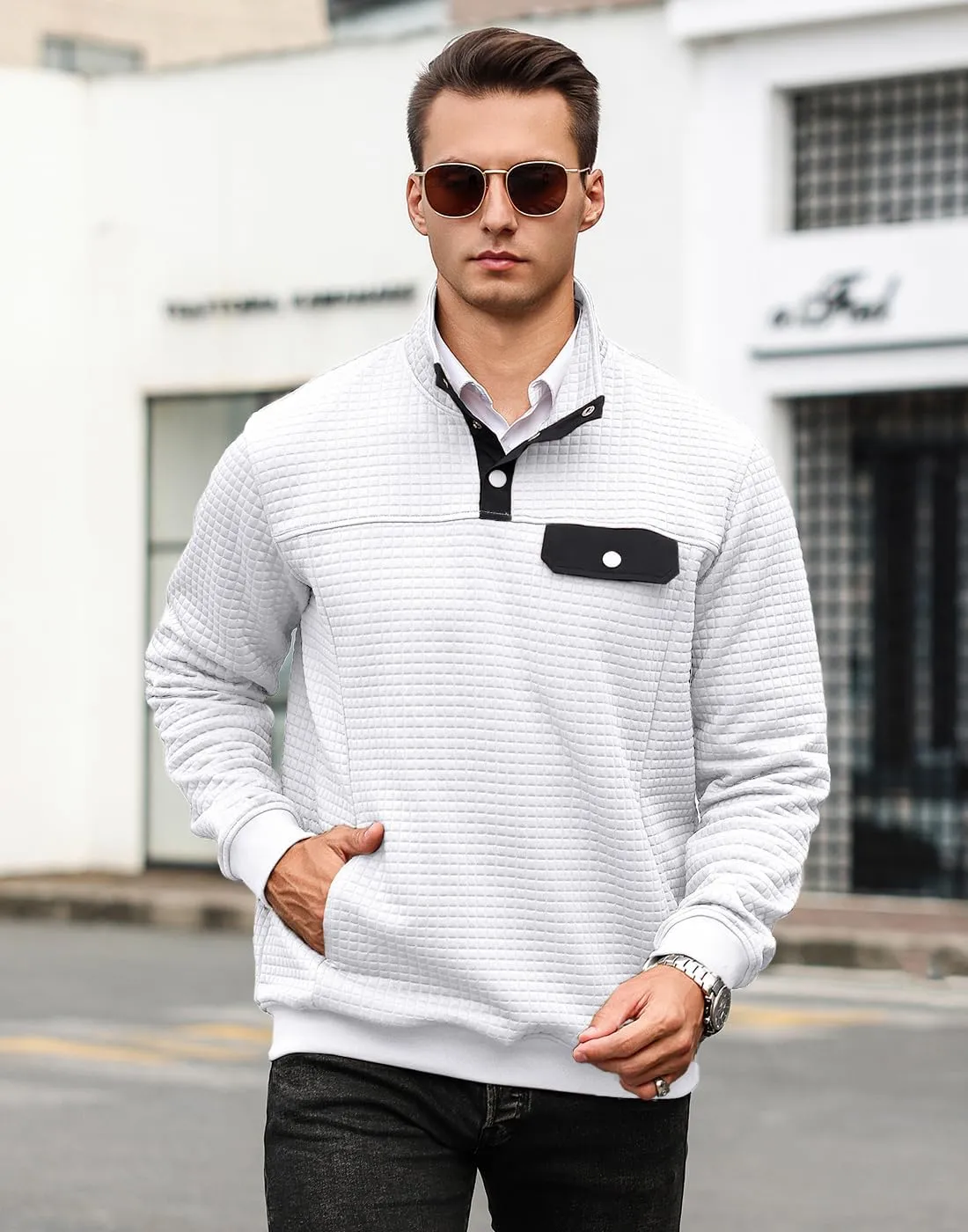 Men's Quilted Sweatshirt Casual Waffle Stand Collar Button Pullover Sweatshirts