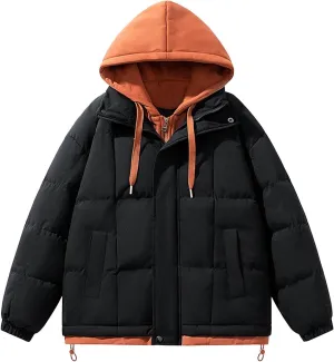 Mens Sweatshirt Quilted Lined Fake Two Piece Jacket Winter Warm Casual Full Zip Long Sleeve Hooded Cotton Padded Coat