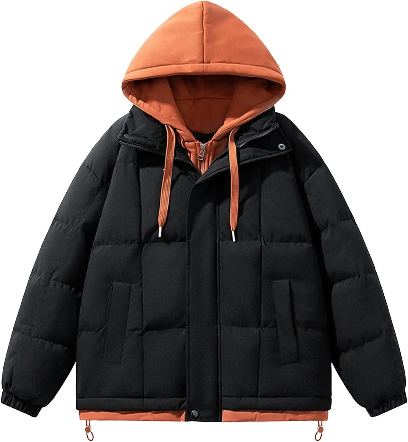 Mens Sweatshirt Quilted Lined Fake Two Piece Jacket Winter Warm Casual Full Zip Long Sleeve Hooded Cotton Padded Coat