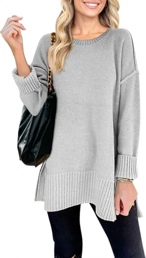 MEROKEETY Women's 2025 Fall Winter Casual Oversized Pullover Sweater Loose Crew Neck Long Sleeve Side Split Jumper Top