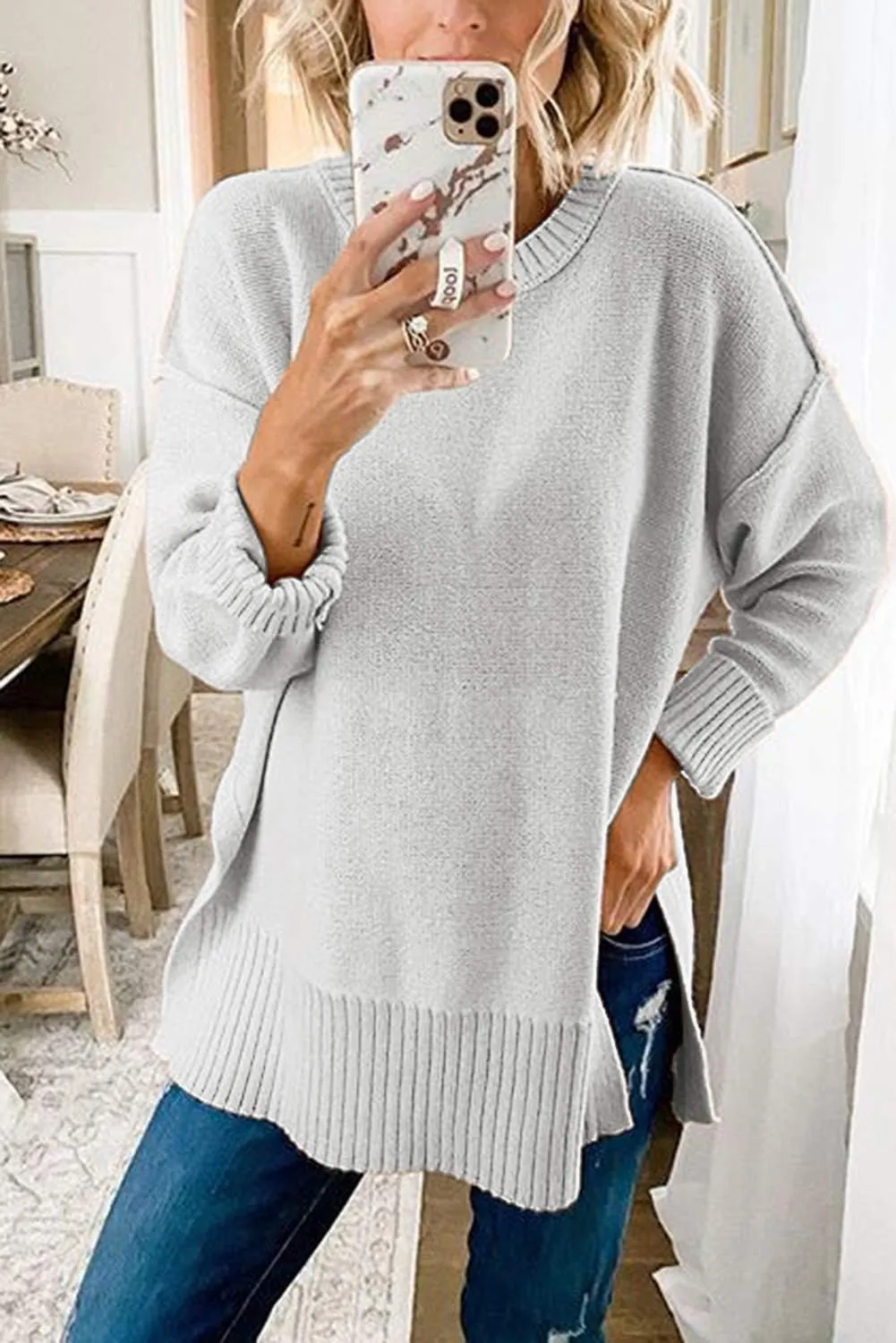 MEROKEETY Women's 2025 Fall Winter Casual Oversized Pullover Sweater Loose Crew Neck Long Sleeve Side Split Jumper Top