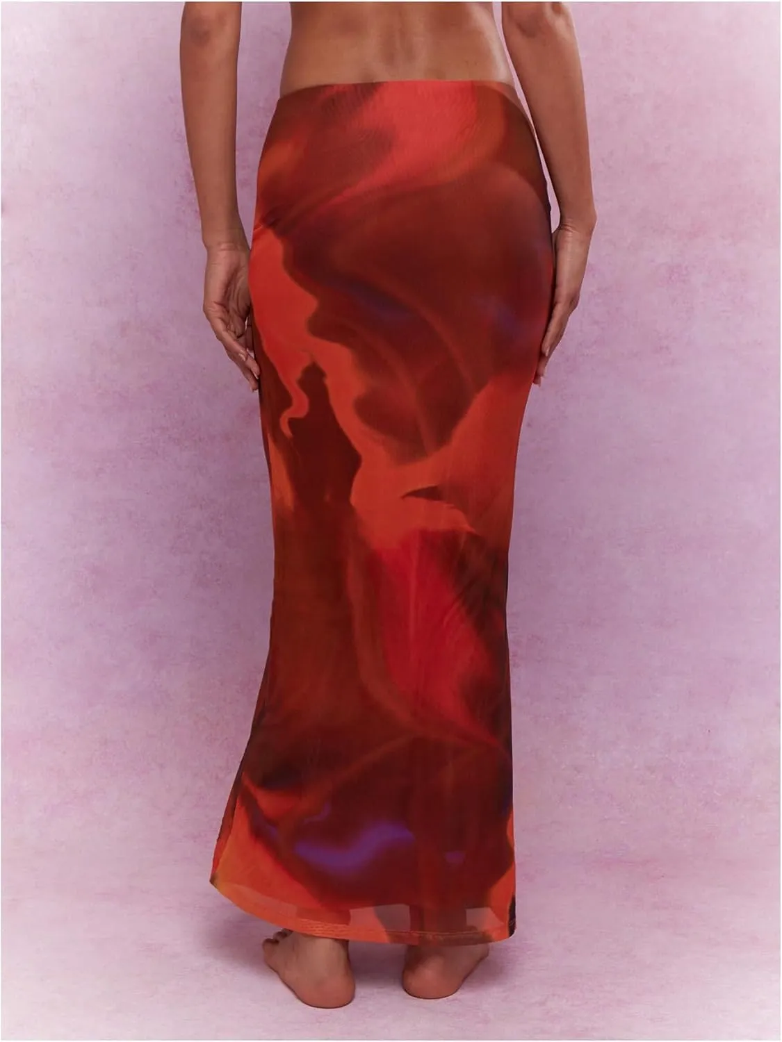 Milumia Women Tie Dye Knot Front Mesh Maxi Skirt Low Waist Bodycon Fishtail Skirts