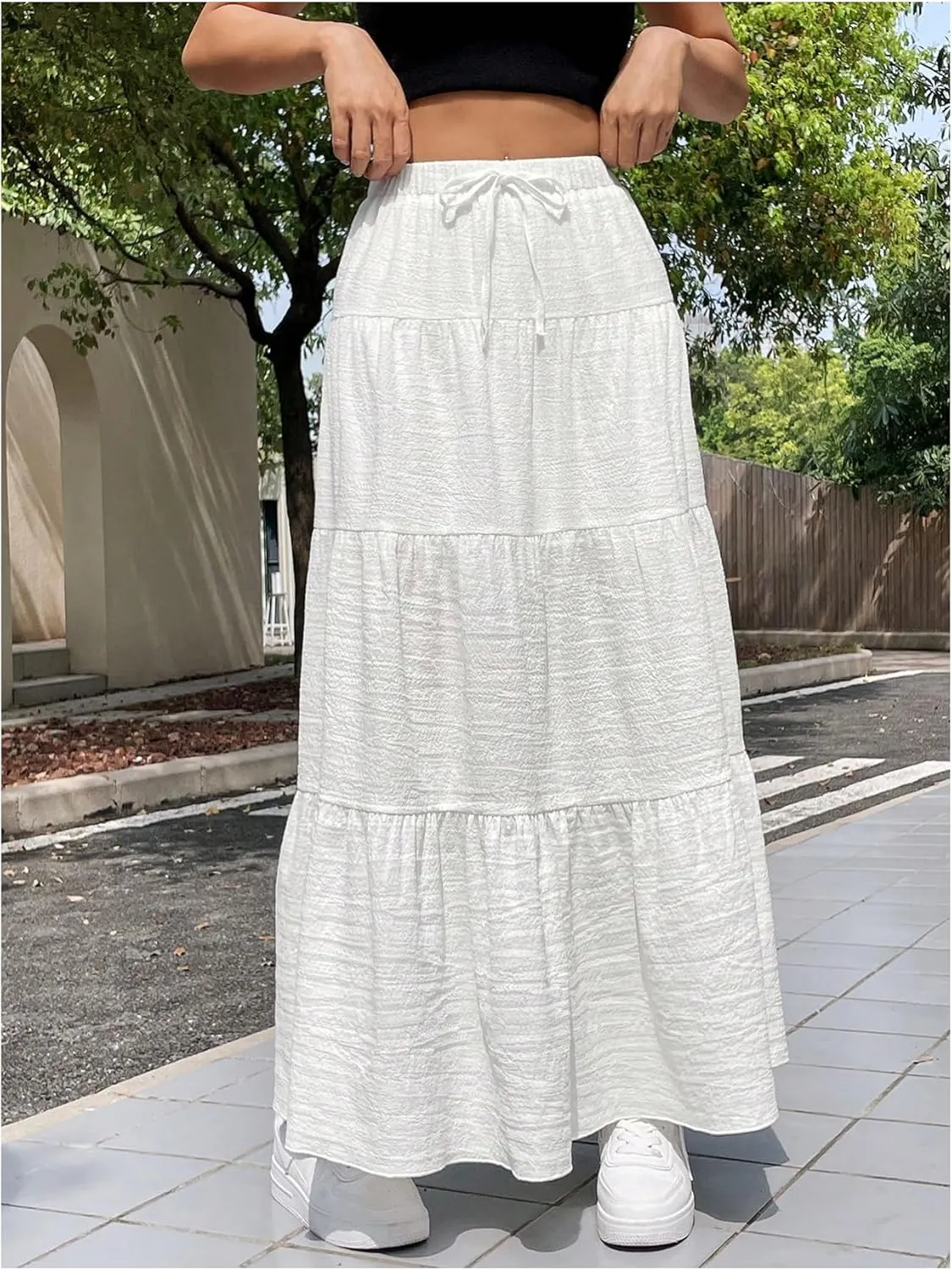 Milumia Women's Long Flowy Western Skirt Boho Tiered Flared Maxi Skirts