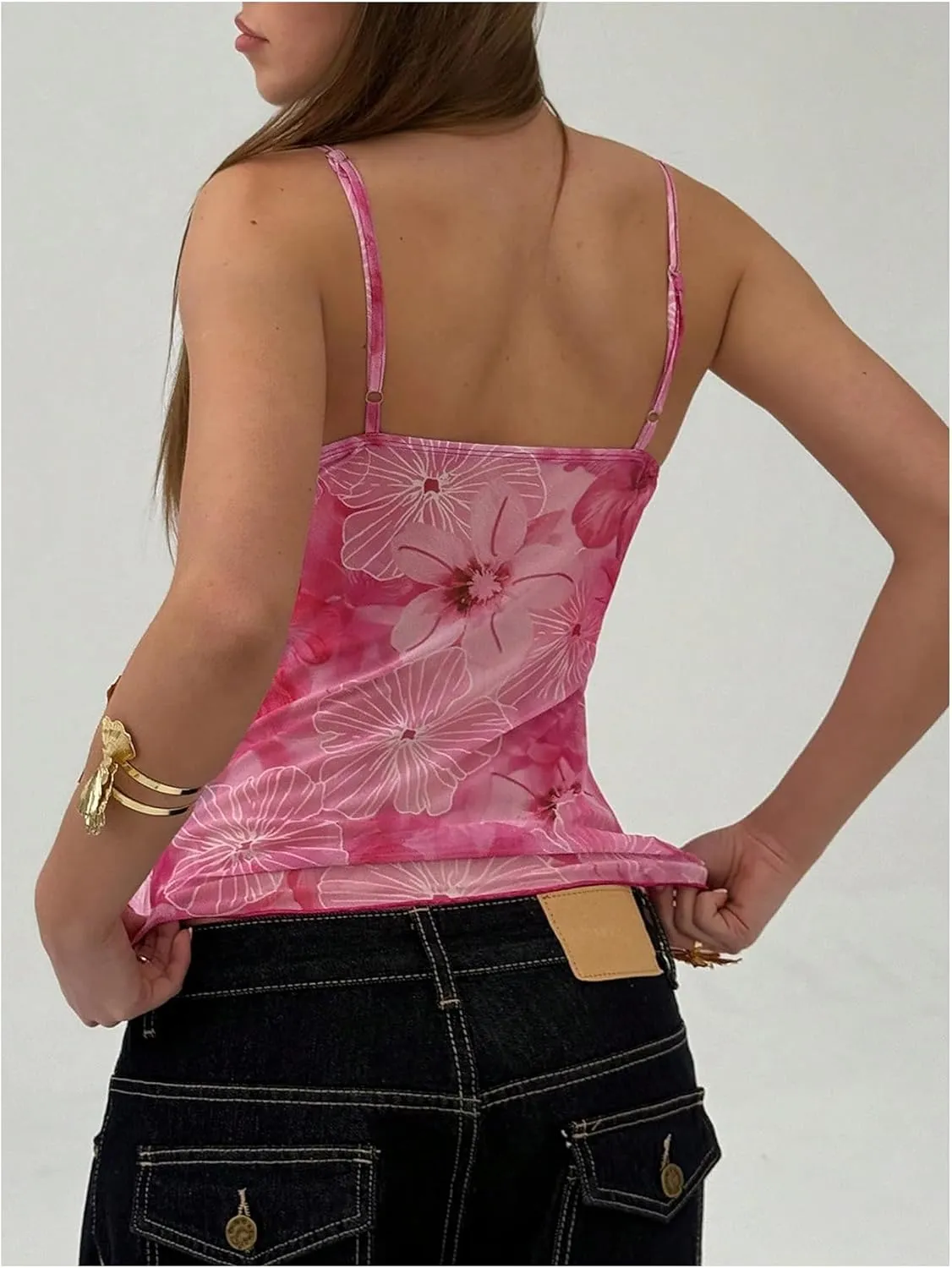 Milumia Women's Wrap Front V Neck Floral Mesh Cami Tank Tops Camisole Spaghetti Strap Going Out Tops