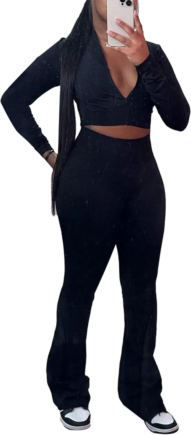 Mintsnow Women 3 Piece Sweatsuit Outfits Sets Long Sleeve Zipper Jacket Crop Tops and Long Flare Pants Set Workout Tracksuit