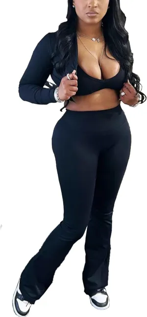 Mintsnow Women 3 Piece Sweatsuit Outfits Sets Long Sleeve Zipper Jacket Crop Tops and Long Flare Pants Set Workout Tracksuit