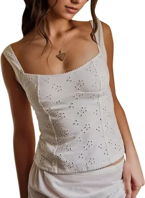 MISSACTIVER Women Summer Eyelet Embroidered Tank Tops Casual Sleeveless Square Neck Wide Straps Slim Fit Cami Crop Tops