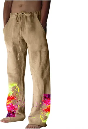 Muscularfit Mens Pants Casual Relaxed Fit Cotton Linen Tie Dye Print Drawstring Trousers Loose Fit Elastic Waist Solid Pant