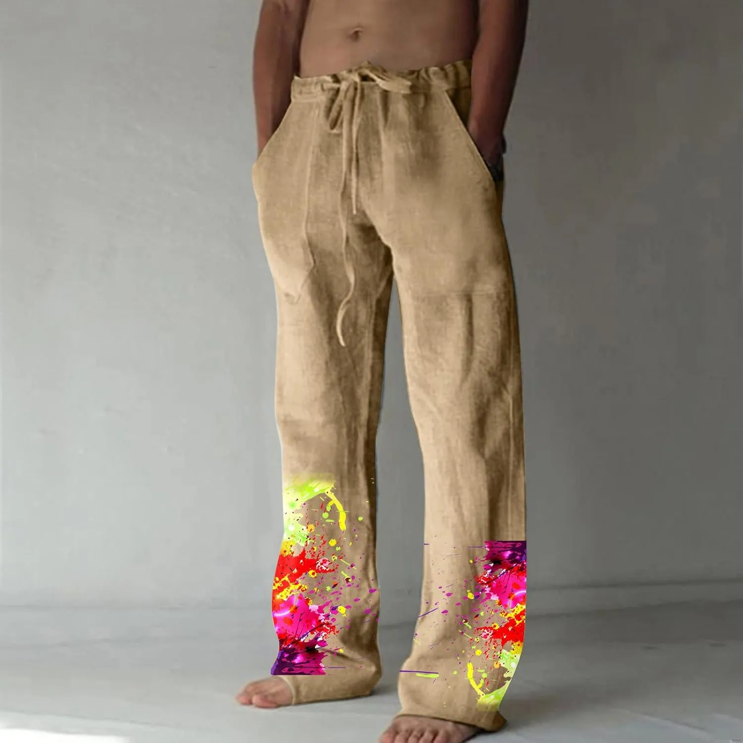 Muscularfit Mens Pants Casual Relaxed Fit Cotton Linen Tie Dye Print Drawstring Trousers Loose Fit Elastic Waist Solid Pant