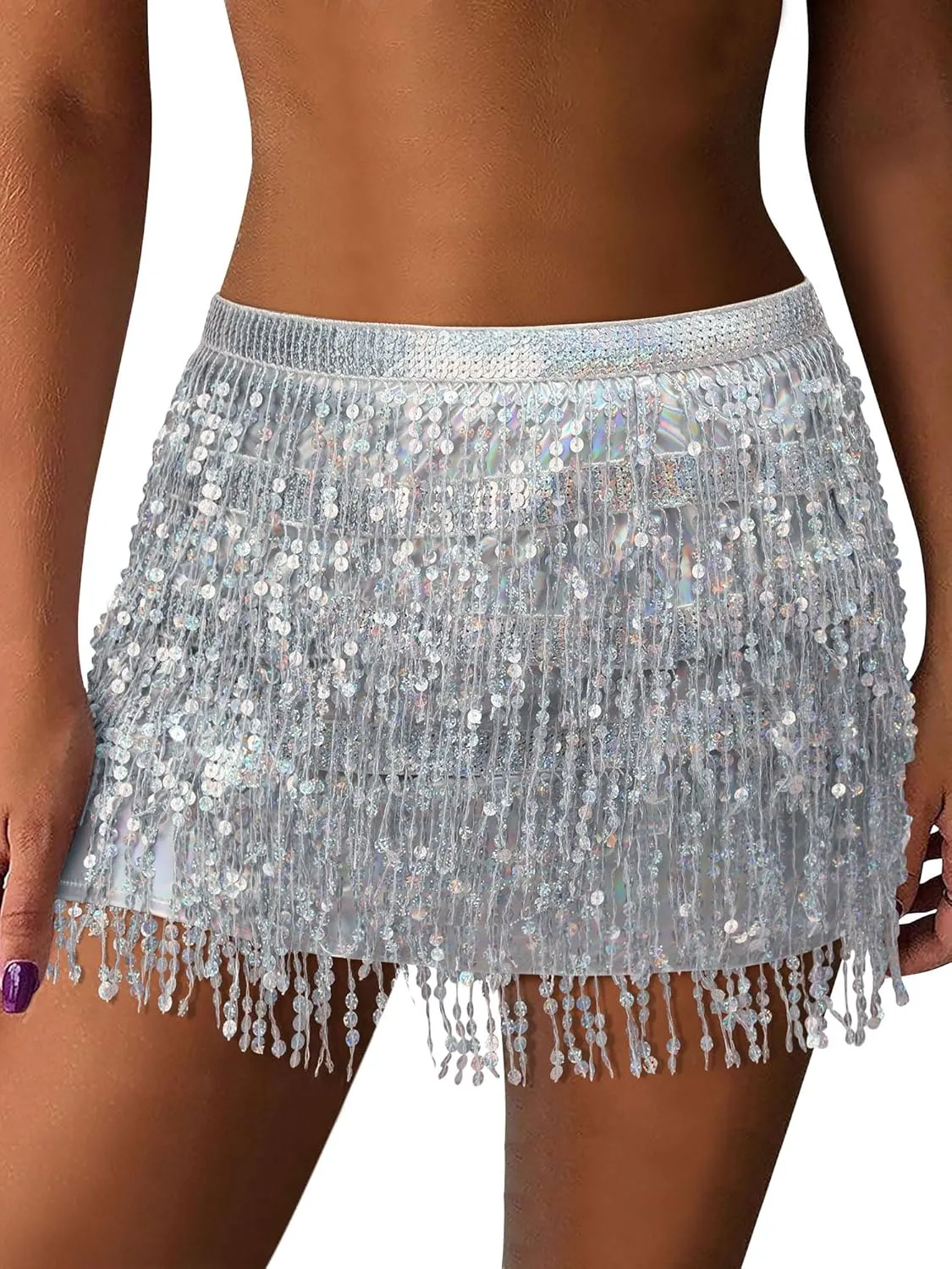 MYMORE Womens Sparkly Sequin Fringe Skirt - Black Rave Concert Disco Space Cowgirl Outfit Glitter Tassel Mini Skirts