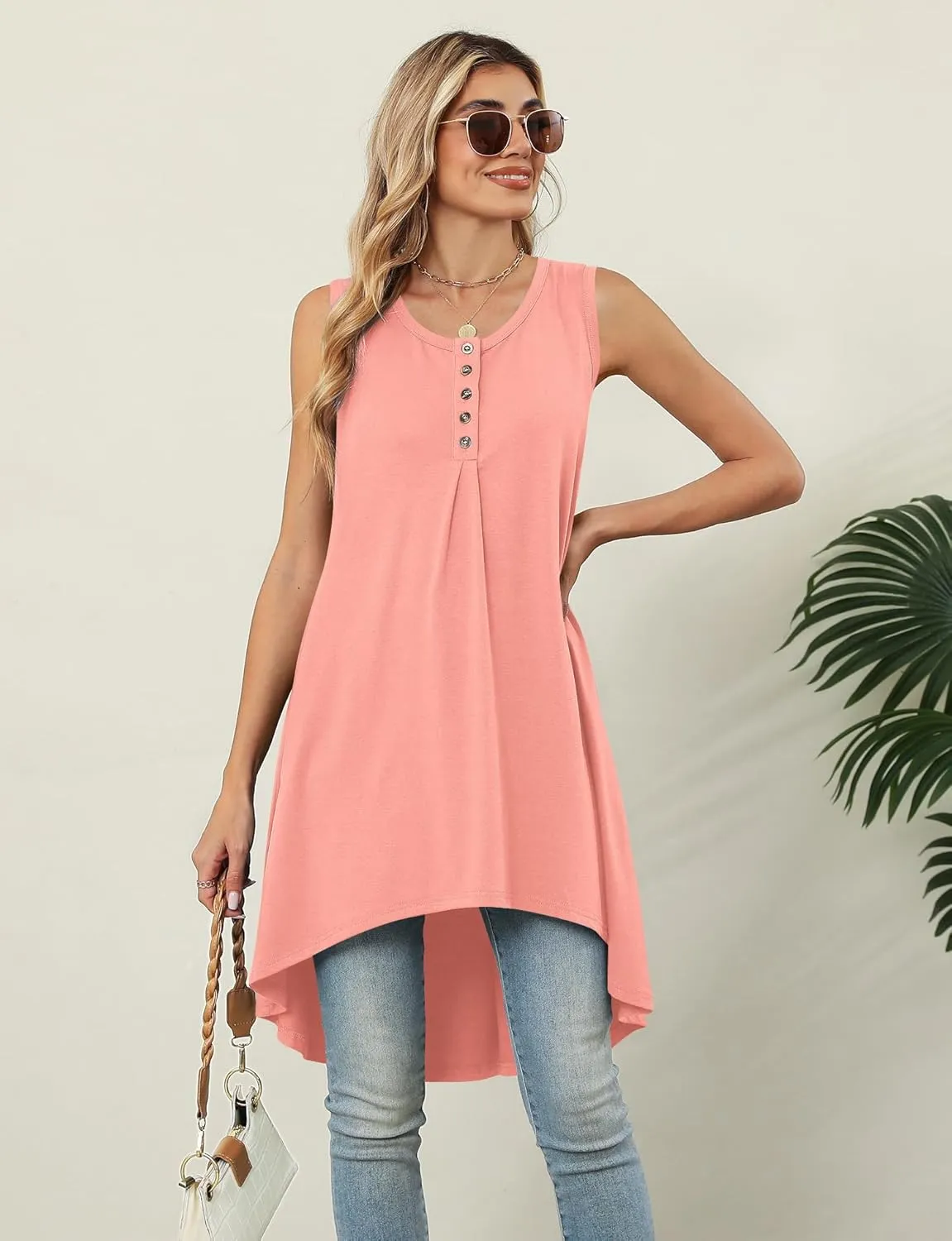Naggoo Women's Summer Sleeveless Tunic Tops Button V Neck High Low Loose Flowy Casual Long Tank Tops