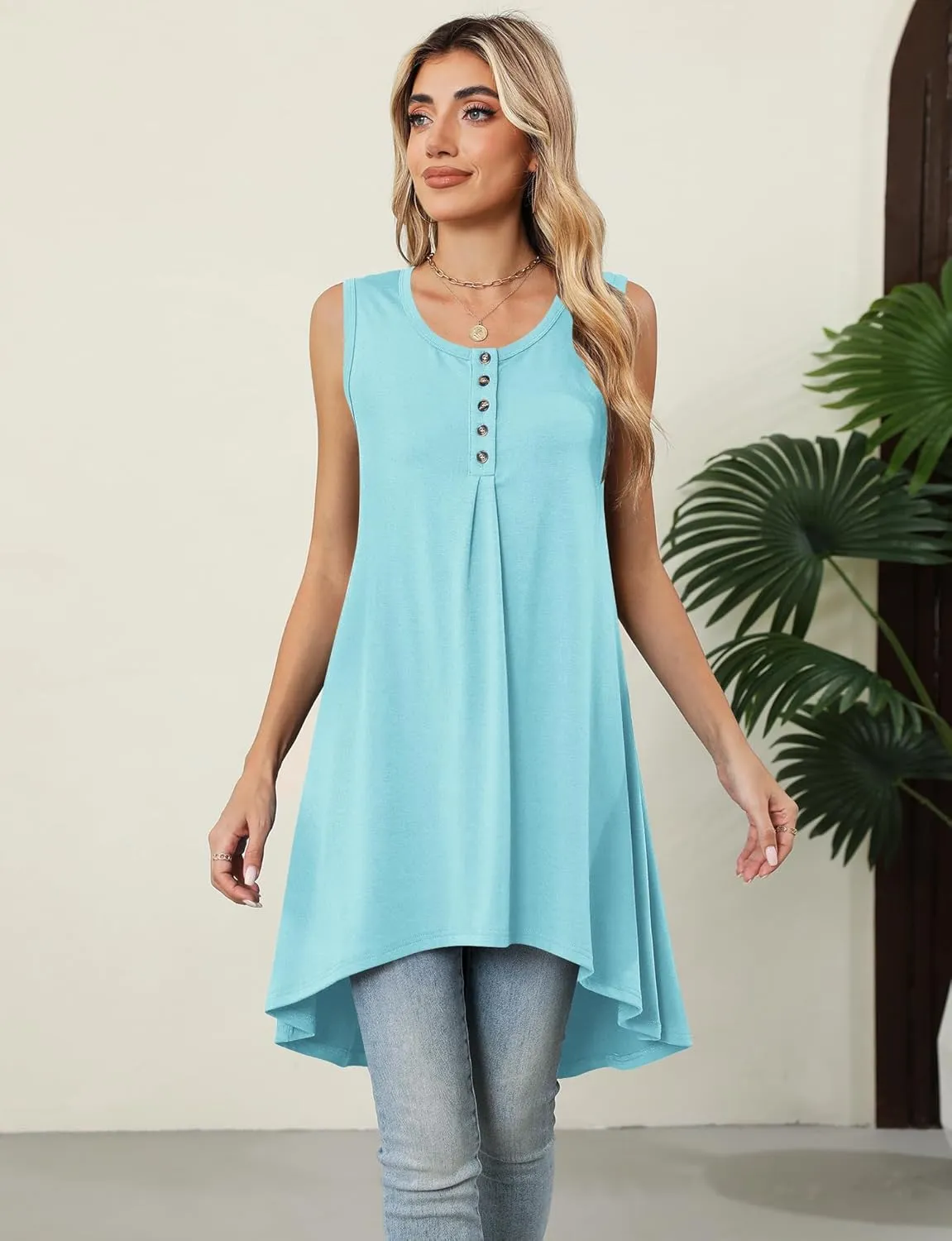 Naggoo Women's Summer Sleeveless Tunic Tops Button V Neck High Low Loose Flowy Casual Long Tank Tops