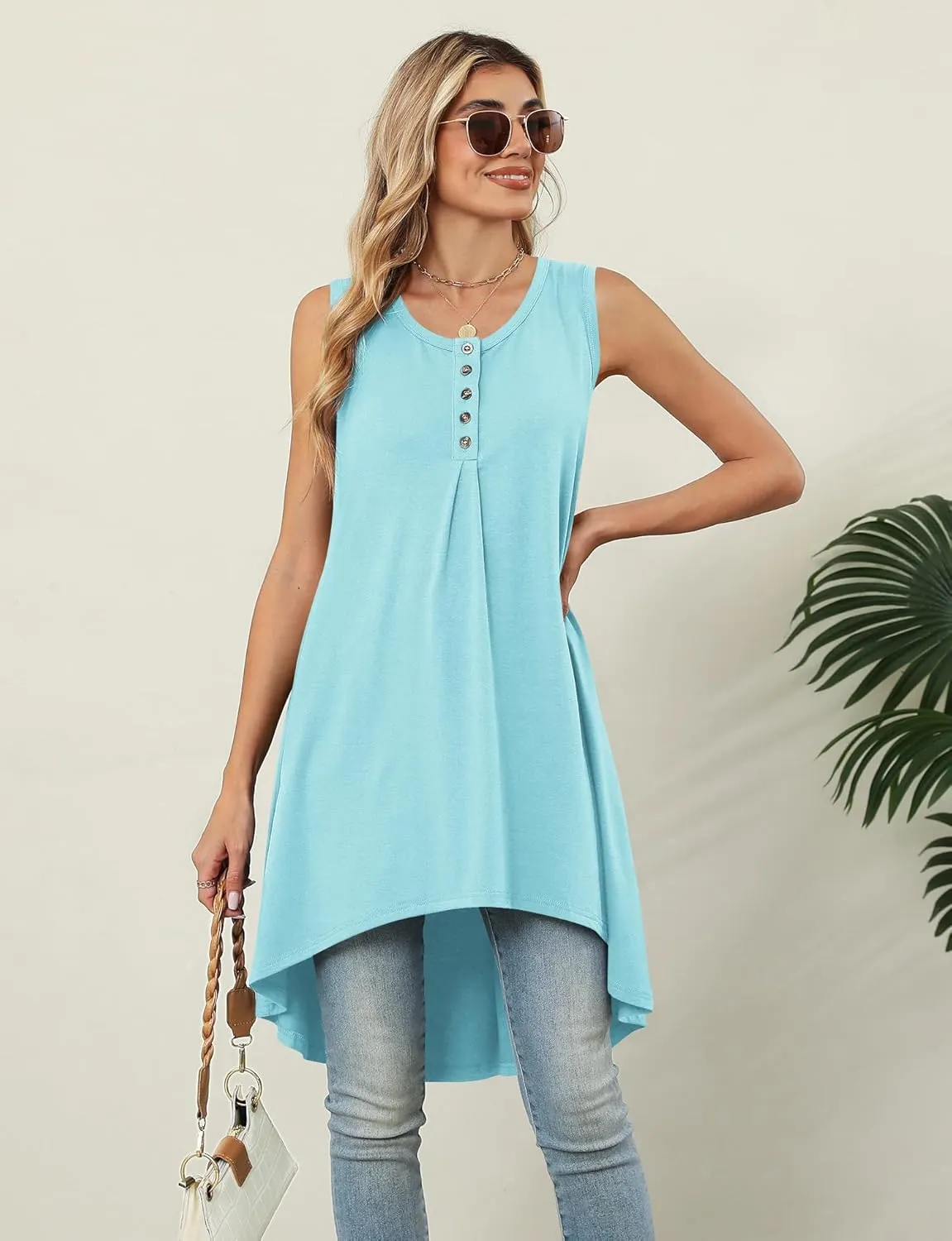 Naggoo Women's Summer Sleeveless Tunic Tops Button V Neck High Low Loose Flowy Casual Long Tank Tops