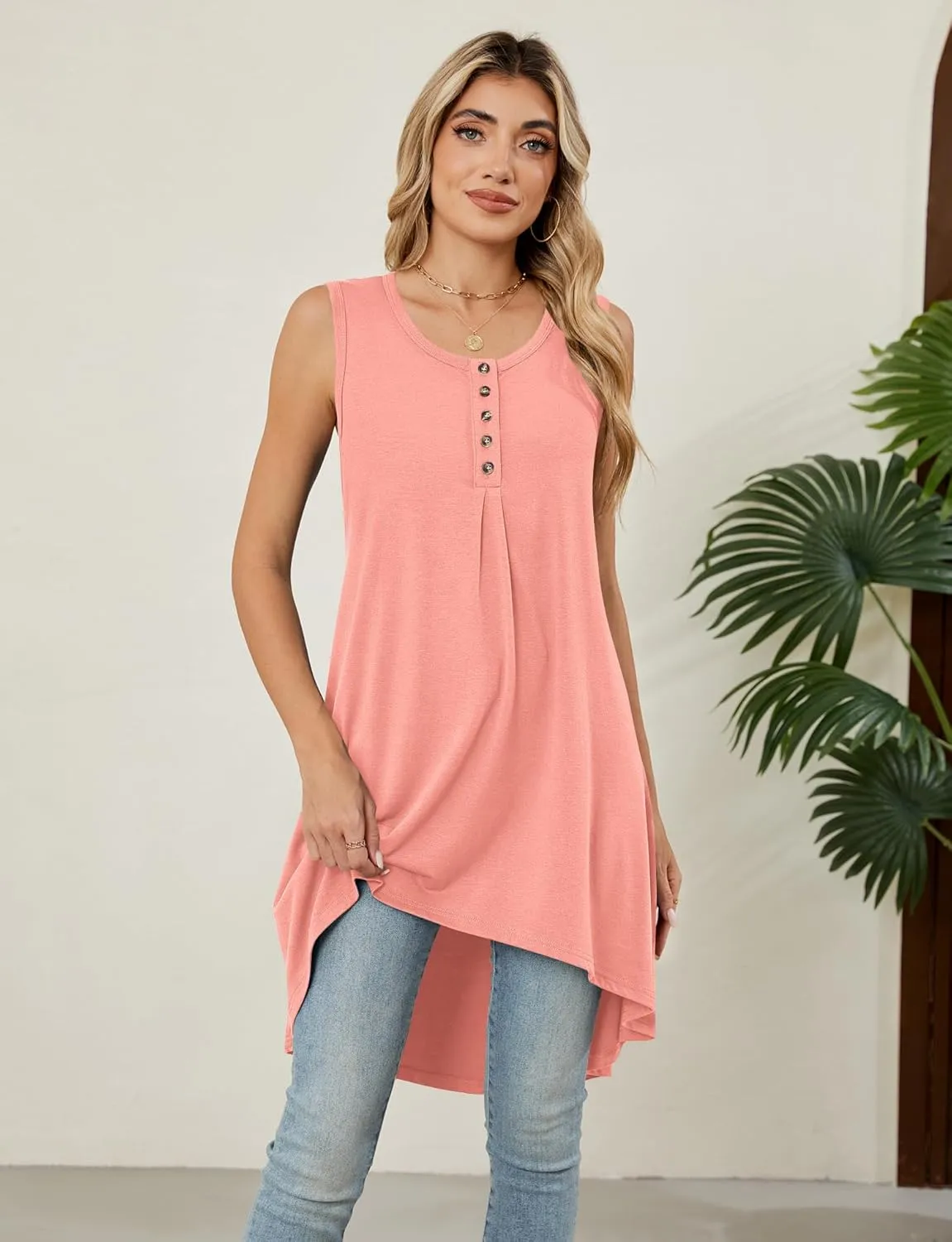 Naggoo Women's Summer Sleeveless Tunic Tops Button V Neck High Low Loose Flowy Casual Long Tank Tops