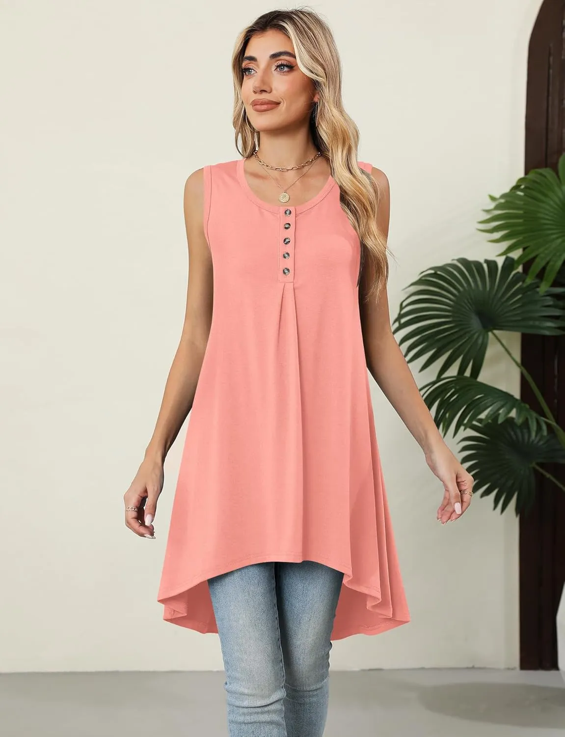 Naggoo Women's Summer Sleeveless Tunic Tops Button V Neck High Low Loose Flowy Casual Long Tank Tops