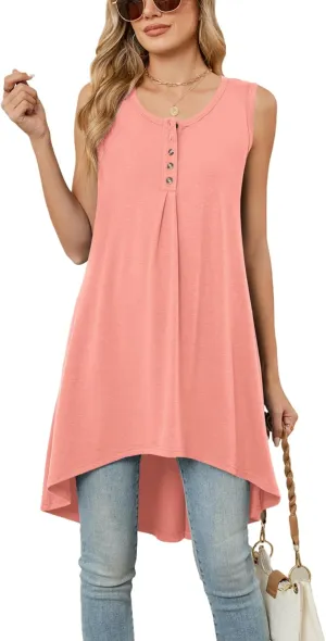 Naggoo Women's Summer Sleeveless Tunic Tops Button V Neck High Low Loose Flowy Casual Long Tank Tops