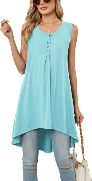 Naggoo Women's Summer Sleeveless Tunic Tops Button V Neck High Low Loose Flowy Casual Long Tank Tops