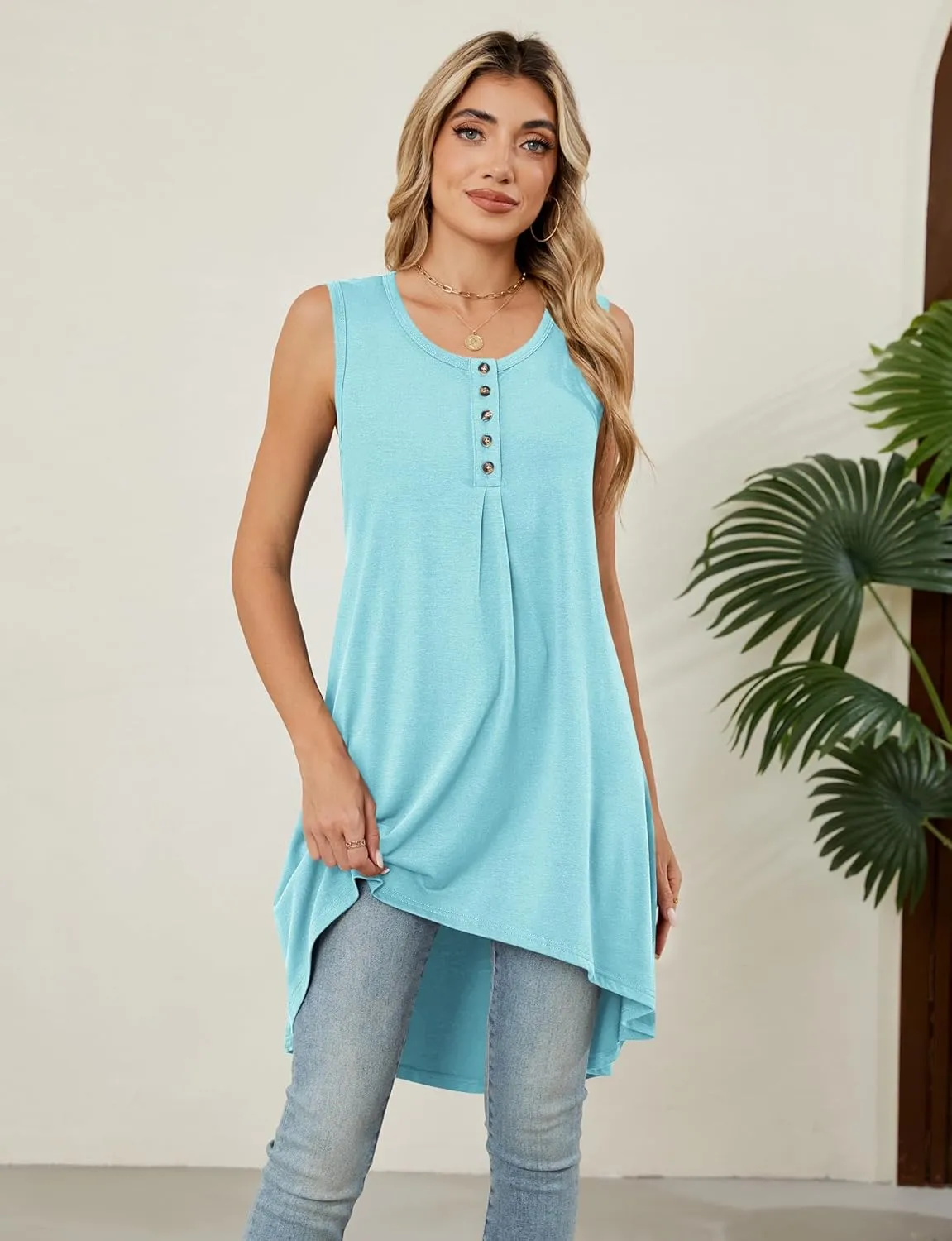 Naggoo Women's Summer Sleeveless Tunic Tops Button V Neck High Low Loose Flowy Casual Long Tank Tops