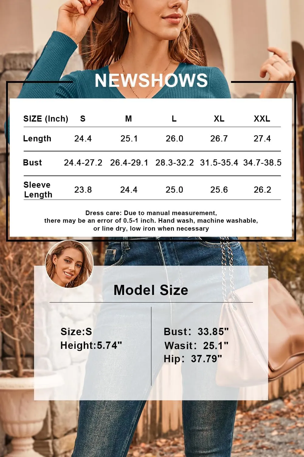 Newshows Womens Sweaters Fall V Neck Pullover Long Sleeve Stretch Button Casual Ribbed Knit Tops