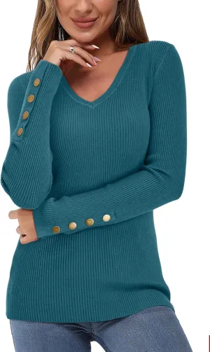 Newshows Womens Sweaters Fall V Neck Pullover Long Sleeve Stretch Button Casual Ribbed Knit Tops