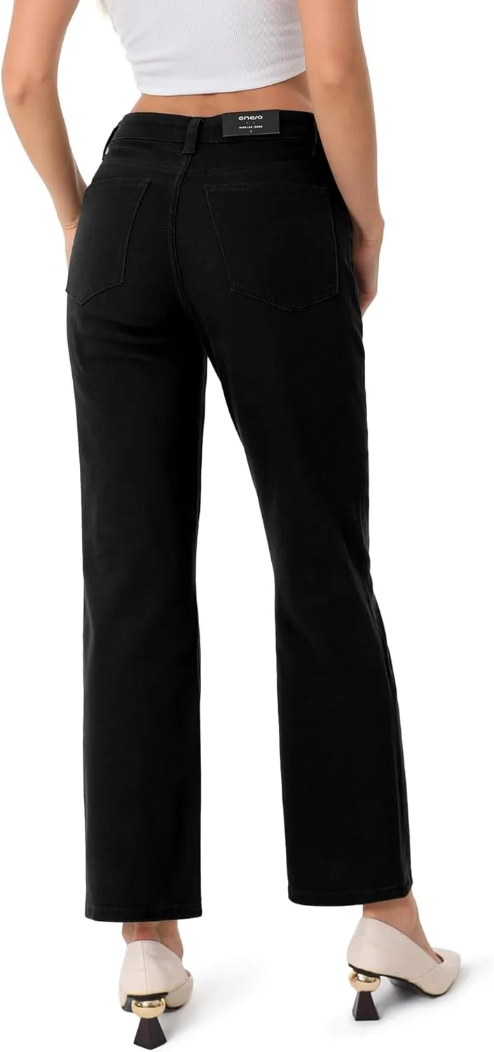 ONESO Women's Straight Leg Jeans Mid Waist Loose Stretchy Lightweight Trendy Jeans for Women Denim Pants