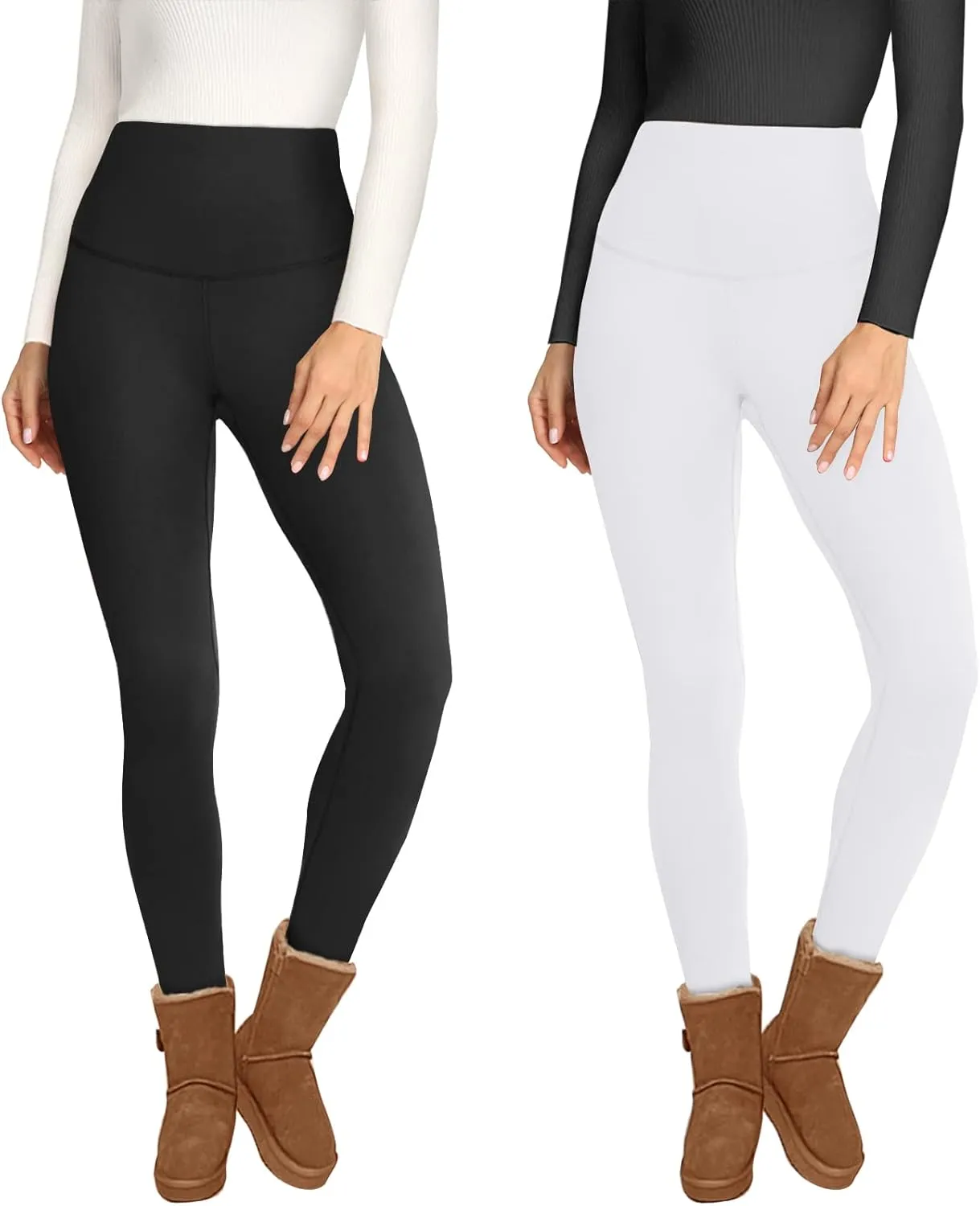 Opuntia 2 Pack Fleece Lined High Waisted Leggings for Women - Warm Winter Pants Tummy Control Yoga Hiking Running Tights