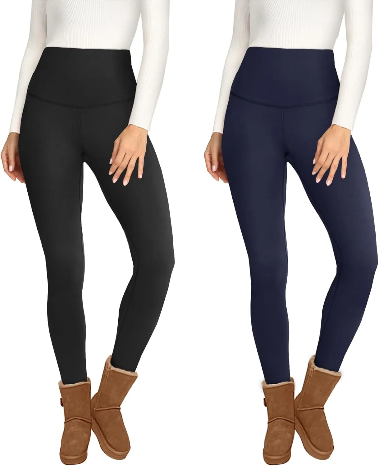 Opuntia 2 Pack Fleece Lined High Waisted Leggings for Women - Warm Winter Pants Tummy Control Yoga Hiking Running Tights