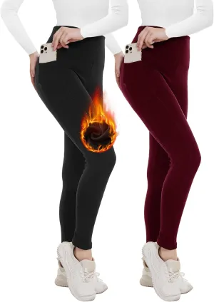 Opuntia 2 Pack Fleece Lined High Waisted Leggings for Women - Warm Winter Pants Tummy Control Yoga Hiking Running Tights