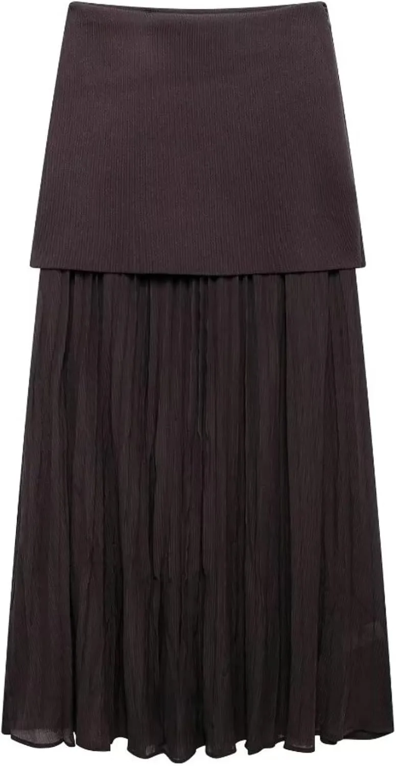 Perbai Womens High Waisted Fold Over Knitted A Line Flowy Pleated Long Maxi Chiffon Skirt
