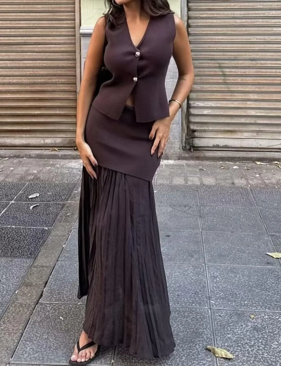 Perbai Womens High Waisted Fold Over Knitted A Line Flowy Pleated Long Maxi Chiffon Skirt