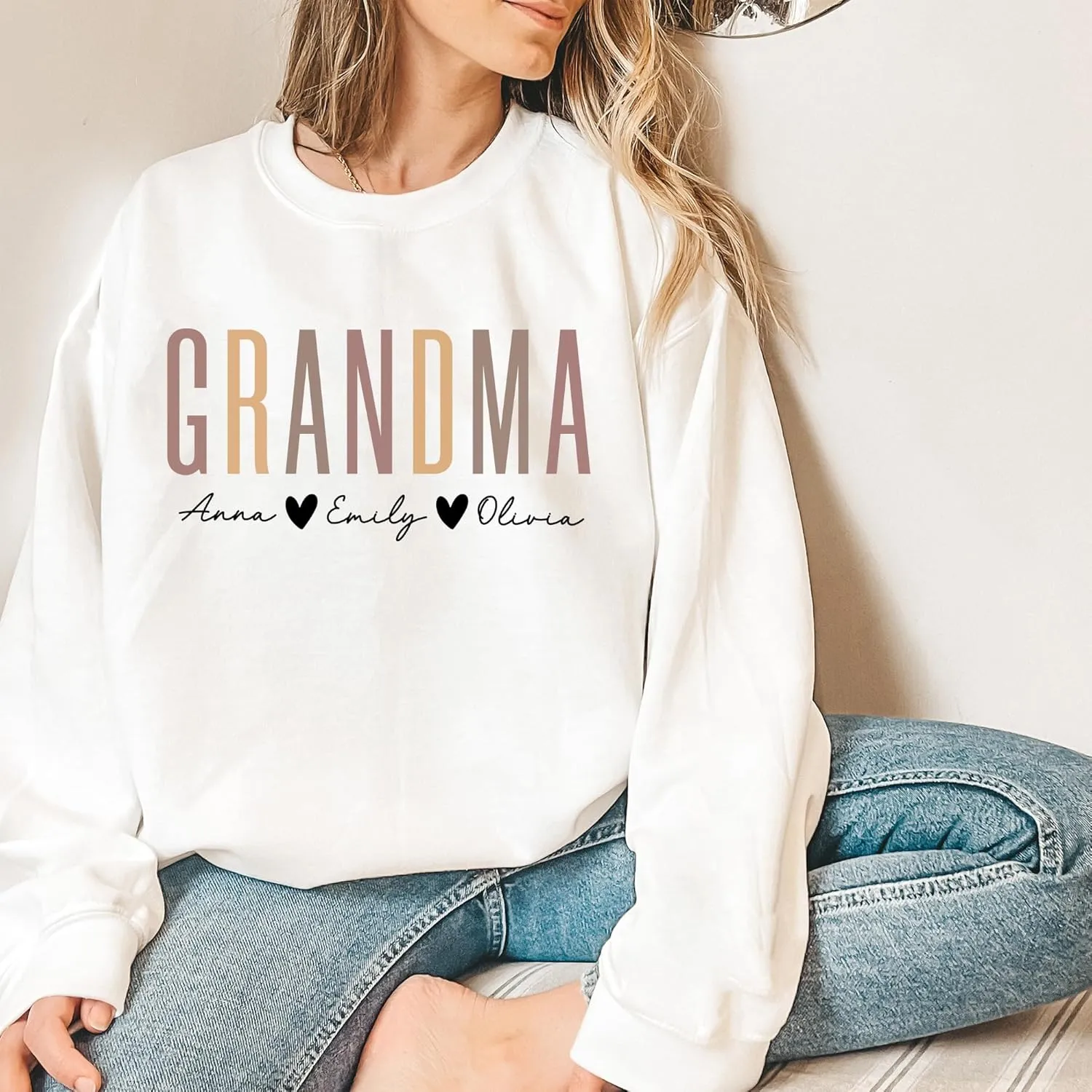 Personalized Grandma Sweatshirt, Custom Mom Shirt With Heart Kids Names, Gifts For Mothers Day