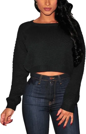 Pink Queen Crop Sweaters for Women Trendy Crew Neck Long Sleeve Fall Ribbed Pullover Cropped Knit Tops