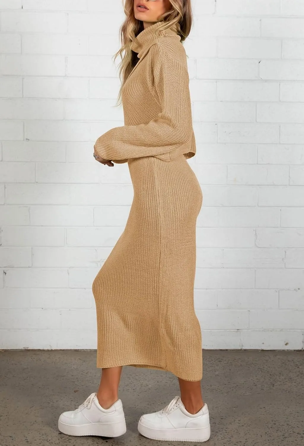 Pink Queen Women's Fall 2 Piece Sweater Set Rib Knit Long Sleeve Cross Criss Top Maxi Bodycon Skirt Casual Outfits