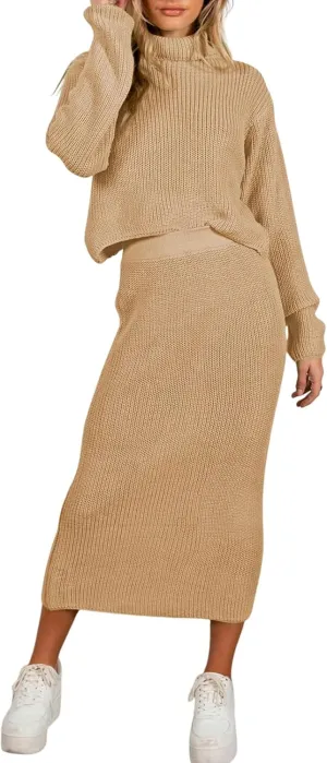 Pink Queen Women's Fall 2 Piece Sweater Set Rib Knit Long Sleeve Cross Criss Top Maxi Bodycon Skirt Casual Outfits