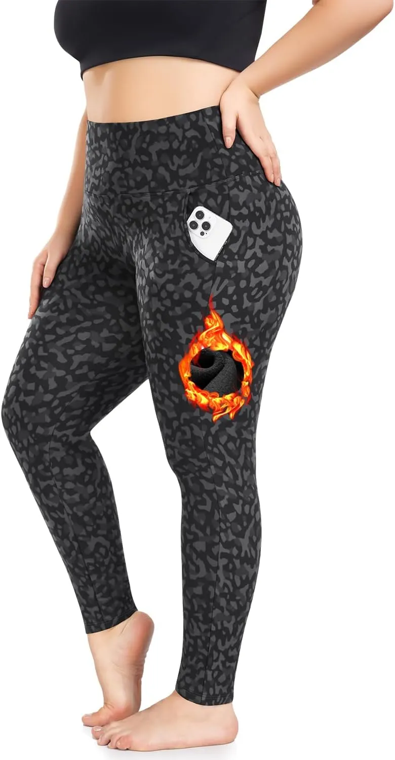 Plus Size Fleece Lined Leggings with Pockets for Women High Waisted Warm Thermal Winter Yoga Pants for Workout