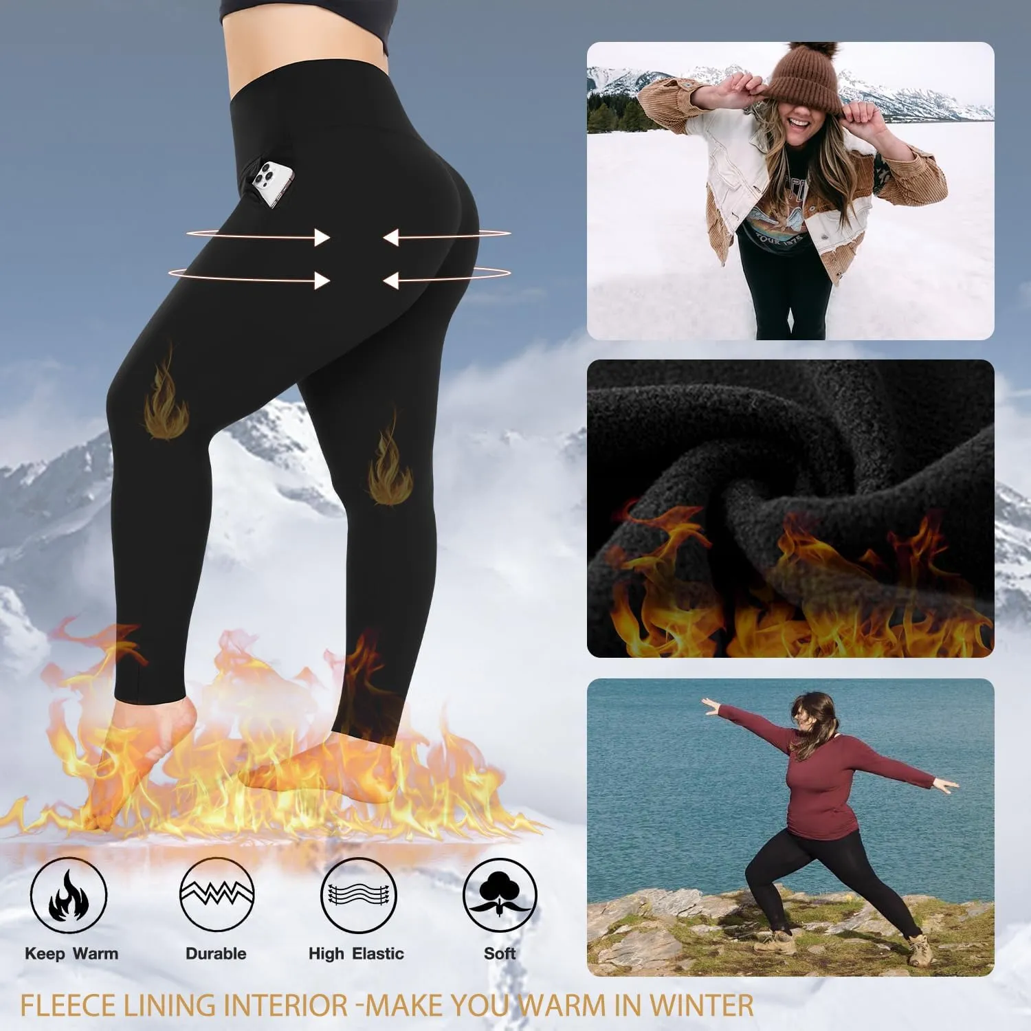 Plus Size Fleece Lined Leggings with Pockets for Women High Waisted Warm Thermal Winter Yoga Pants for Workout