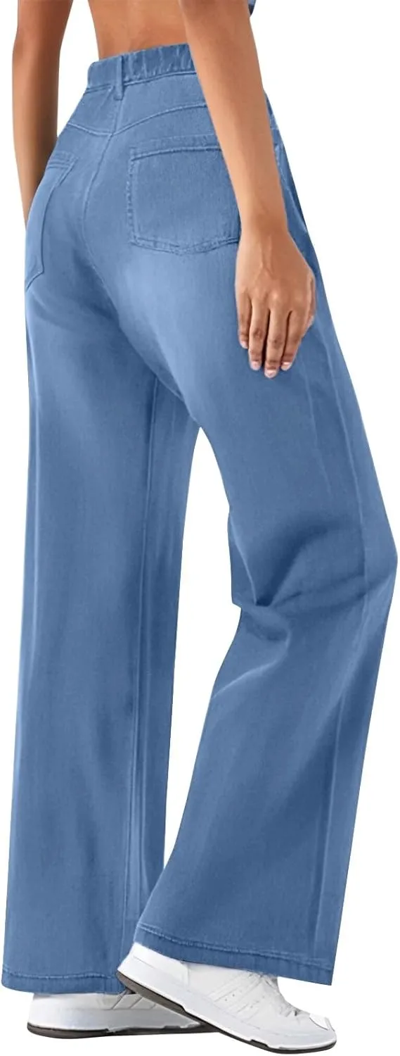 Plus Size Jeans Wide Leg Summer,Womens Cropped Jeans Stretchy Trousers Petite Baggy Cargo High Waisted Trendy