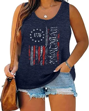Plus Size We The People 1776 Tank Tops for Women Vintage American Flag Graphic Tees 4th of July Patriotic Shirt