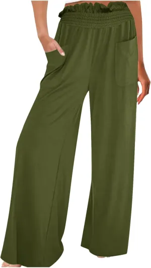 PTOLOCIF Cotton Linen Pants for Women Wide Leg Pants Casual Loose Drawstring Pant Summer Palazzo Harem Trousers with Pockets