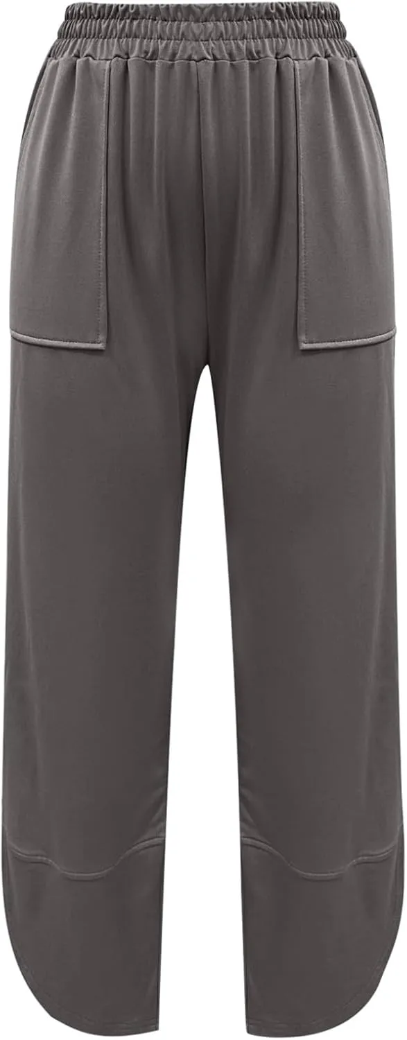 PTOLOCIF Cotton Linen Pants Women Summer Drawstring Elastic Waist Pants Wide Leg Cropped Lounge Trousers with Pockets