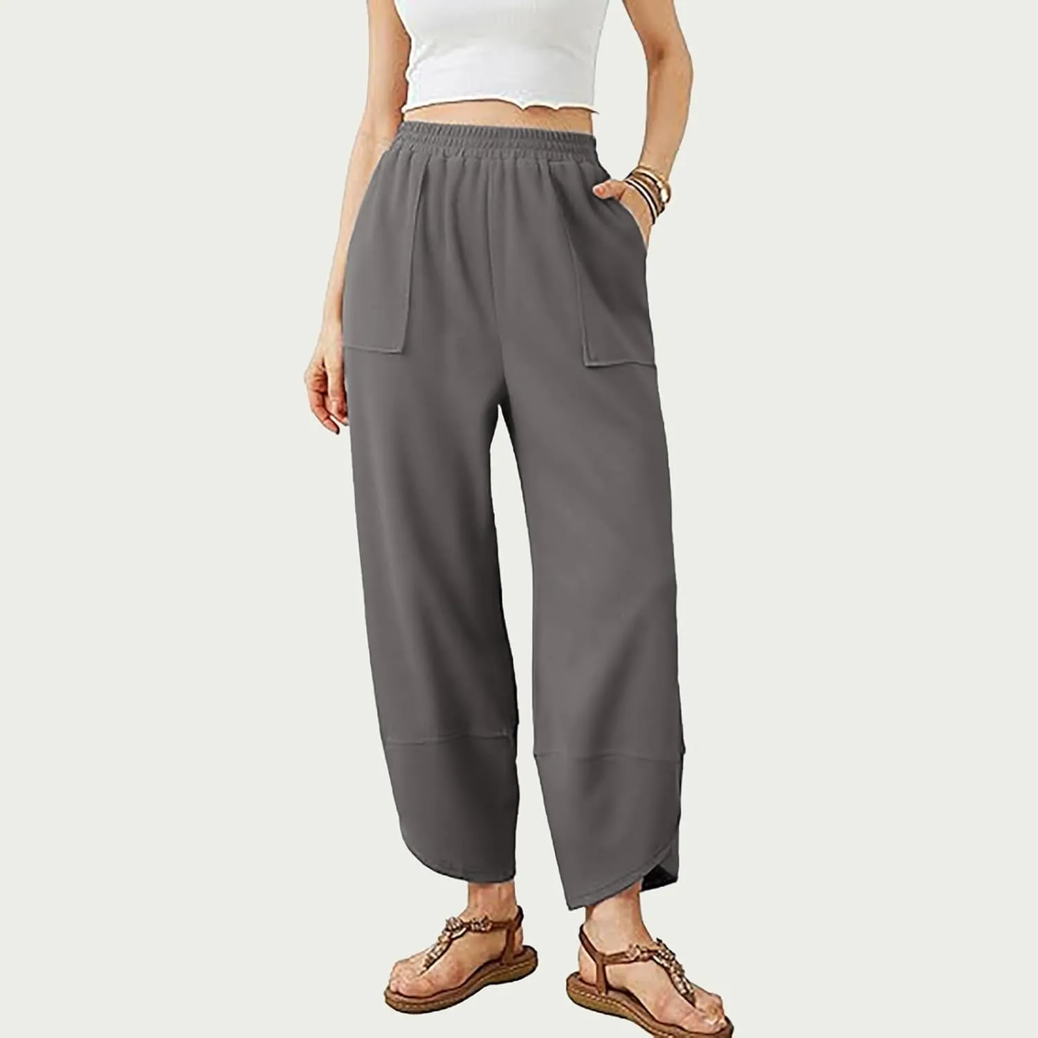 PTOLOCIF Cotton Linen Pants Women Summer Drawstring Elastic Waist Pants Wide Leg Cropped Lounge Trousers with Pockets